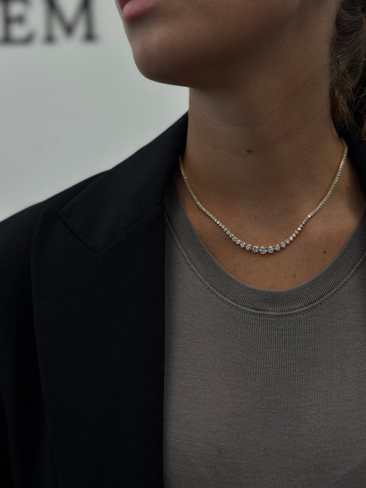 3-Prong Riviera Graduated Natural Diamond Tennis Necklace 14K Solid Gold