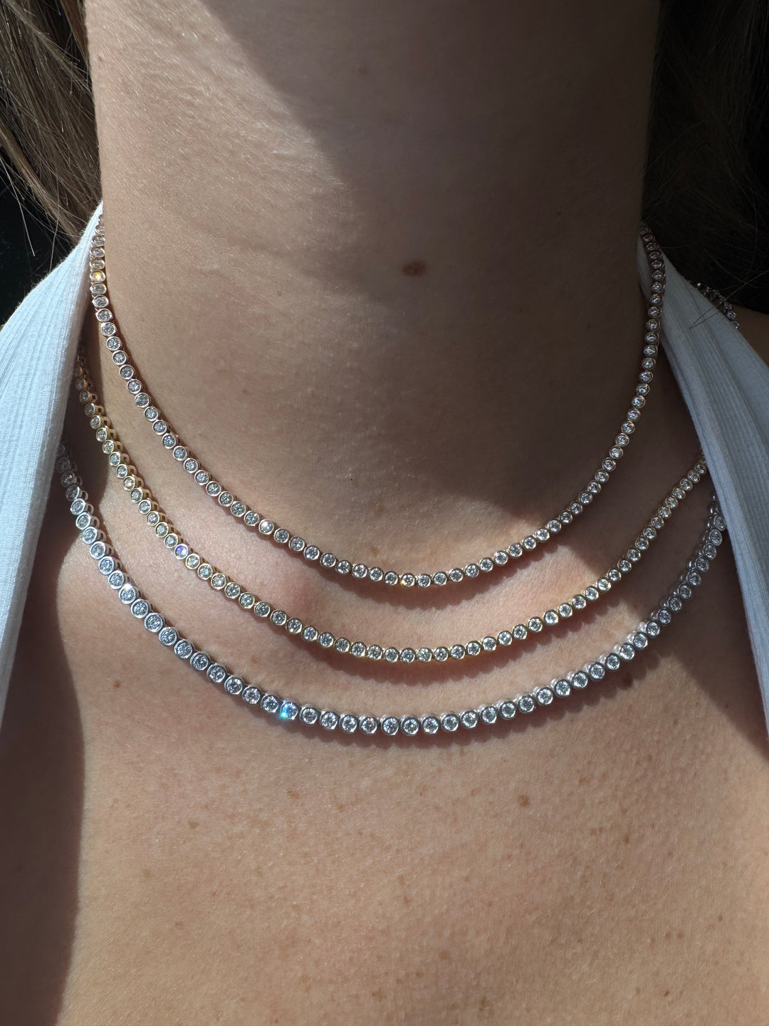 Bezel Set Graduated Natural Diamond Tennis Necklace 14K Solid Gold