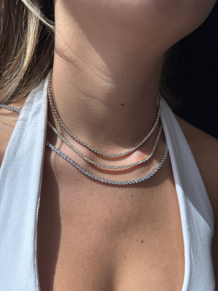 Bezel Set Graduated Natural Diamond Tennis Necklace 18K Solid Gold