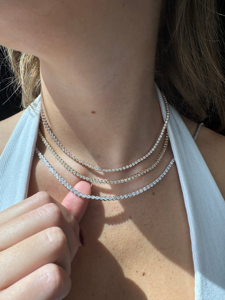 Bezel Set Graduated Natural Diamond Tennis Necklace 18K Solid Gold