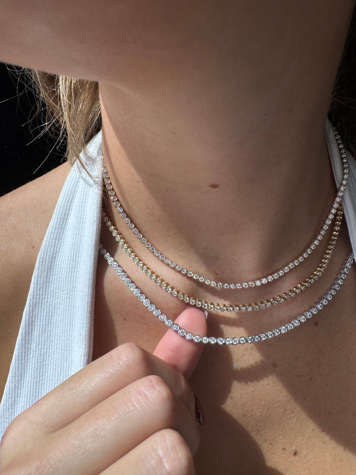 Bezel Set Graduated Natural Diamond Tennis Necklace 18K Solid Gold