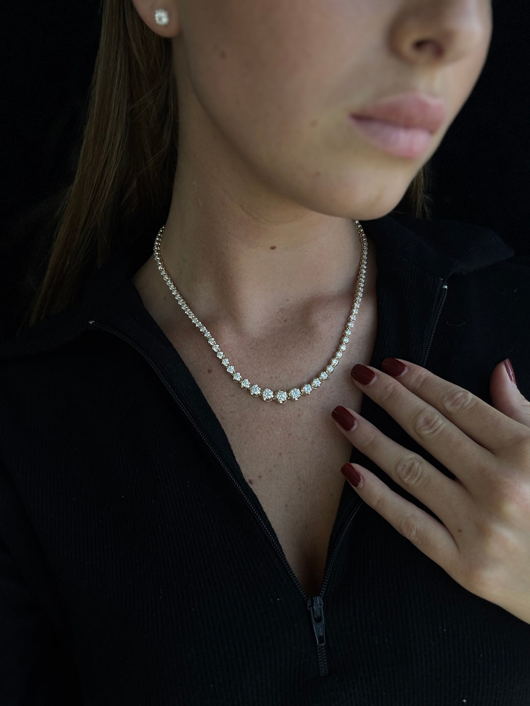 Graduated Natural Diamond Tennis Necklace 18K Solid Gold ( Crown Prong, Buttercup Setting )