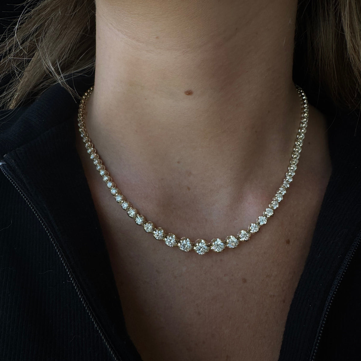Graduated Natural Diamond Tennis Necklace 14K Solid Gold (Crown Prong, Buttercup Setting)