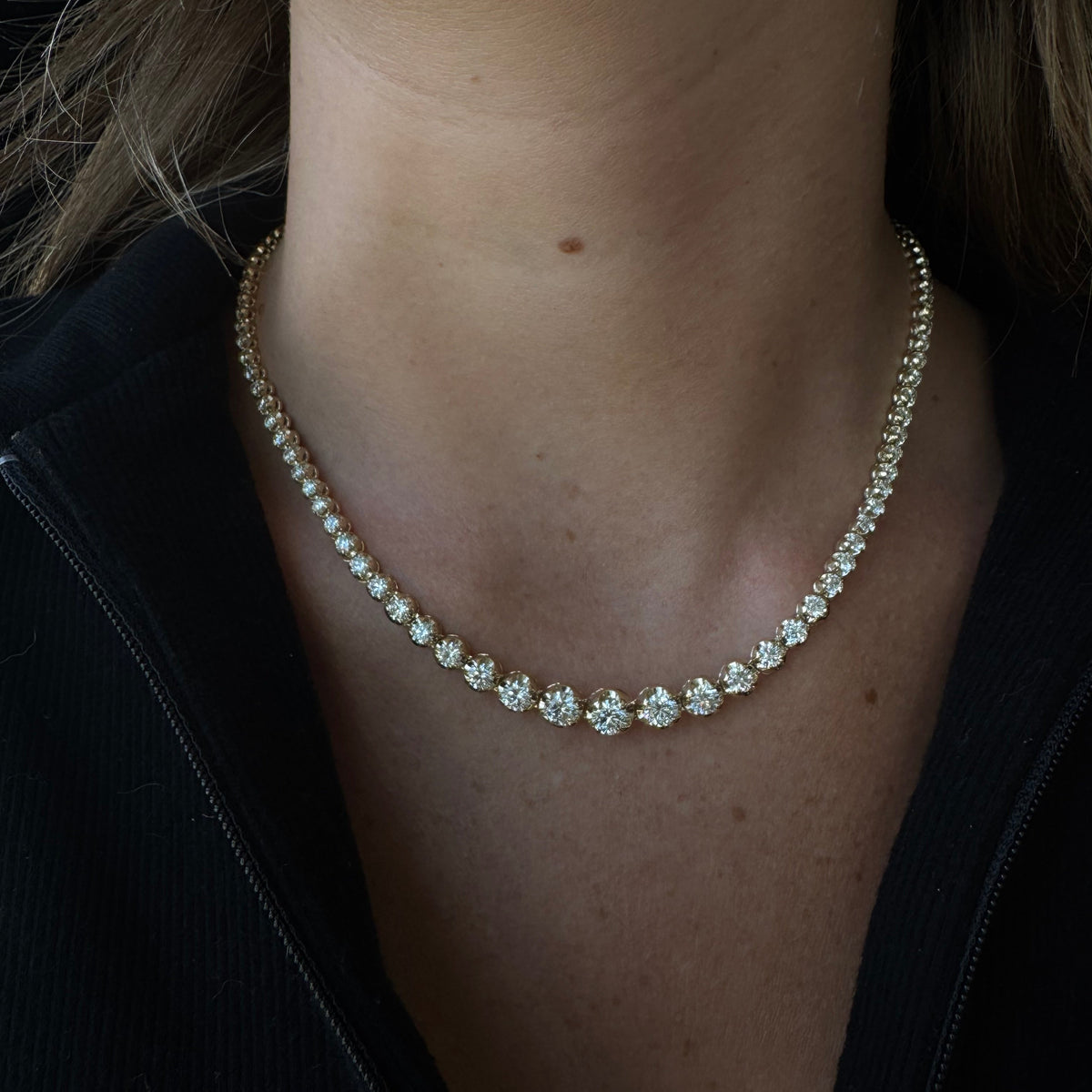 Graduated Natural Diamond Tennis Necklace 18K Solid Gold ( Crown Prong, Buttercup Setting )