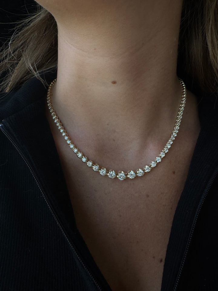 Graduated Natural Diamond Tennis Necklace 18K Solid Gold ( Crown Prong, Buttercup Setting )