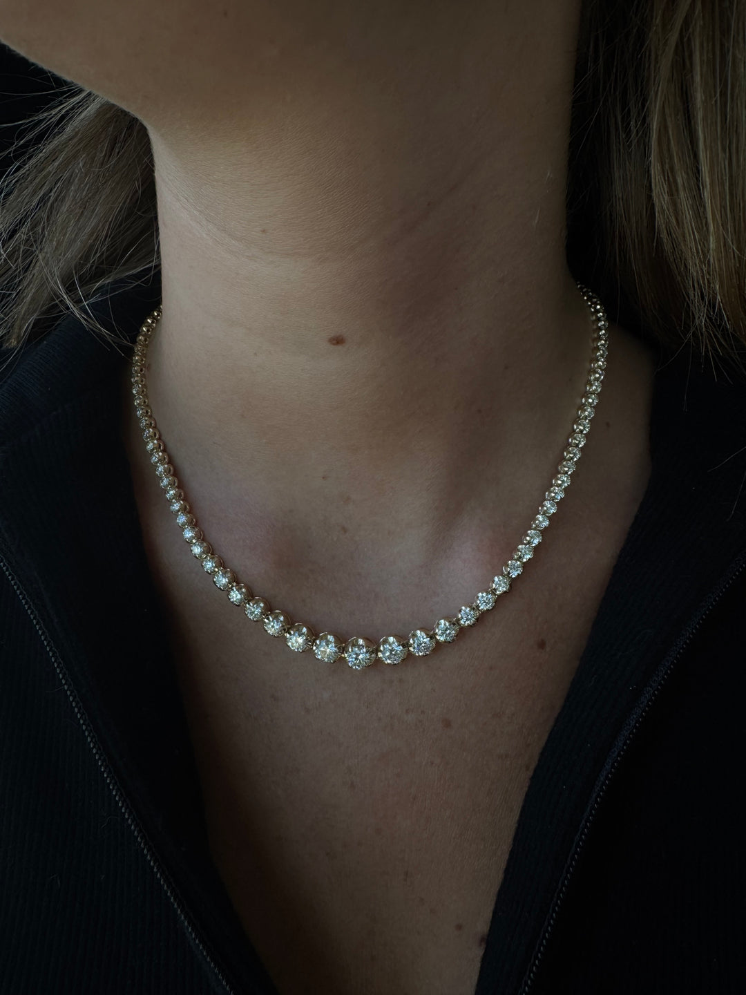 Graduated Natural Diamond Tennis Necklace 18K Solid Gold ( Crown Prong, Buttercup Setting )