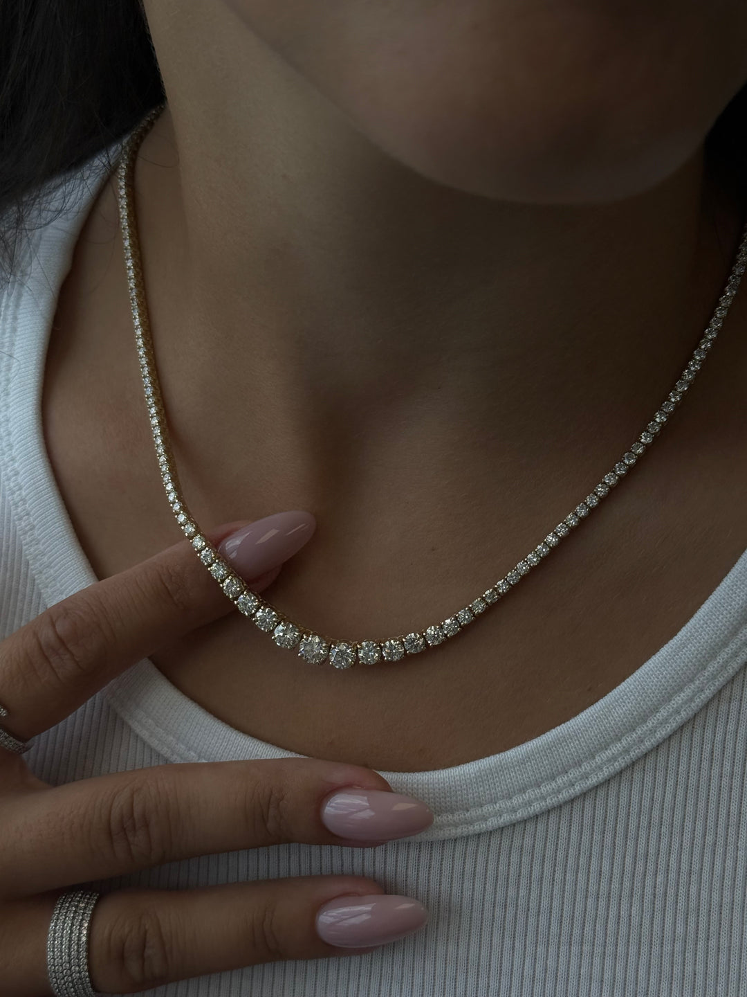 4 Prong Graduated Natural Diamond Tennis Necklace 18K Yellow Gold 3