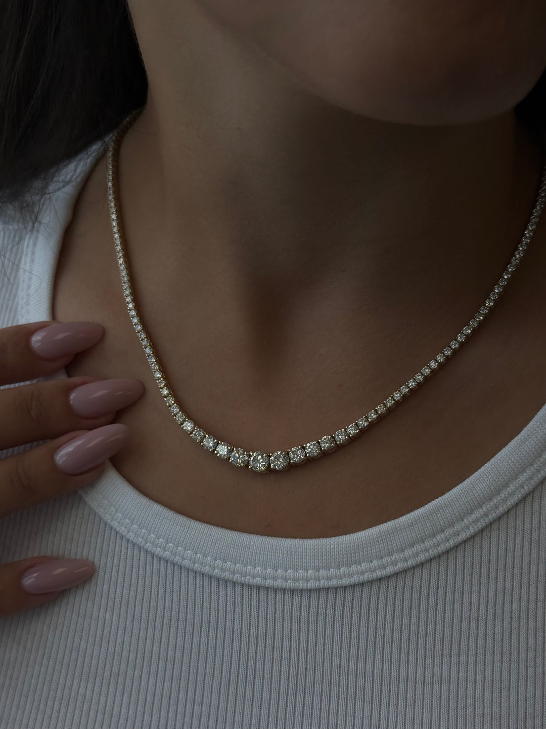 4 Prong Graduated Natural Diamond Tennis Necklace 18K Solid Gold