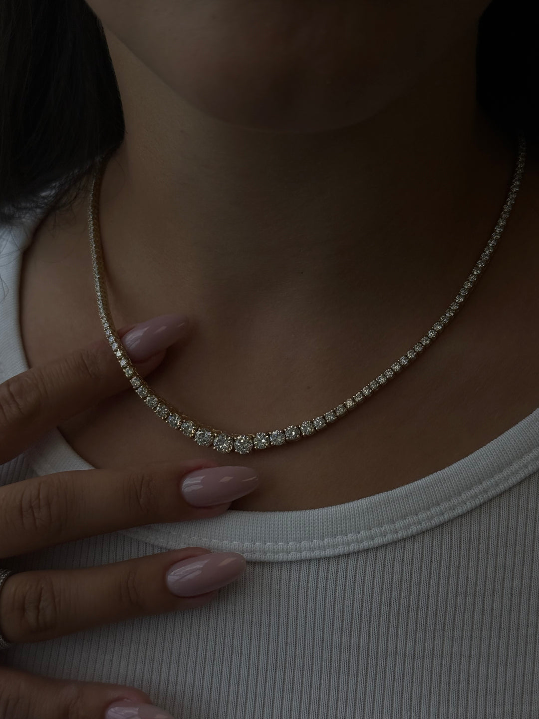 4 Prong Graduated Natural Diamond Tennis Necklace 18K Yellow Gold 5