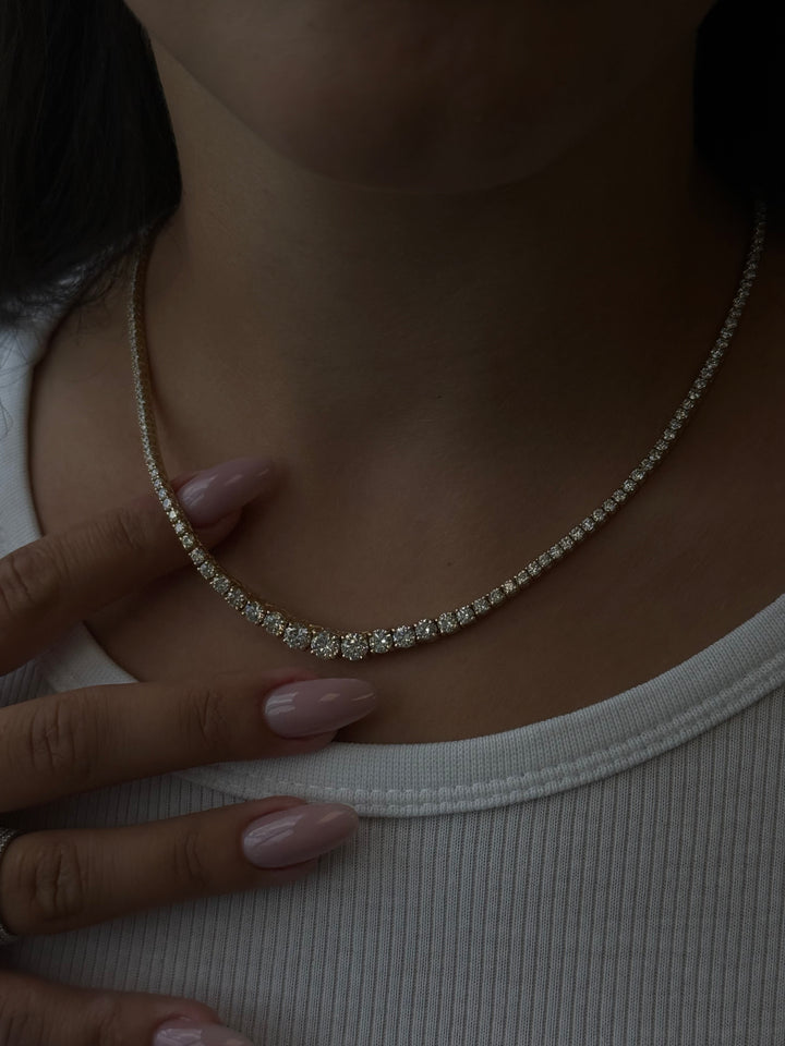 4 Prong Graduated Natural Diamond Tennis Necklace 18K Yellow Gold 5