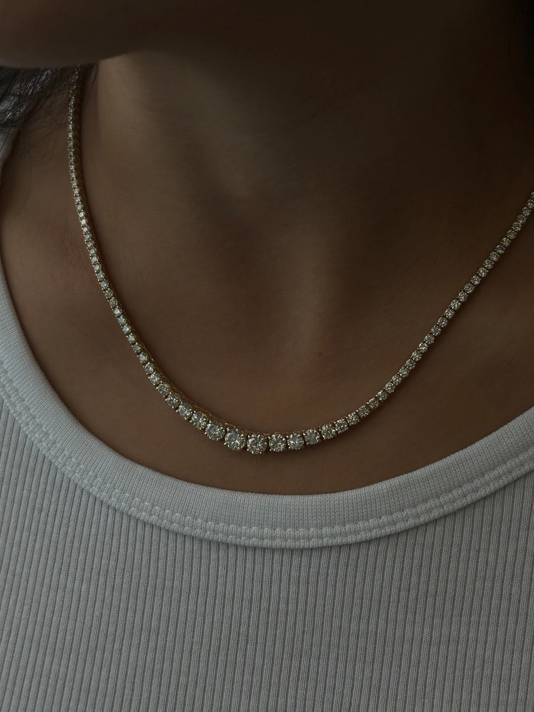 4 Prong Graduated Natural Diamond Tennis Necklace 18K Yellow Gold 6