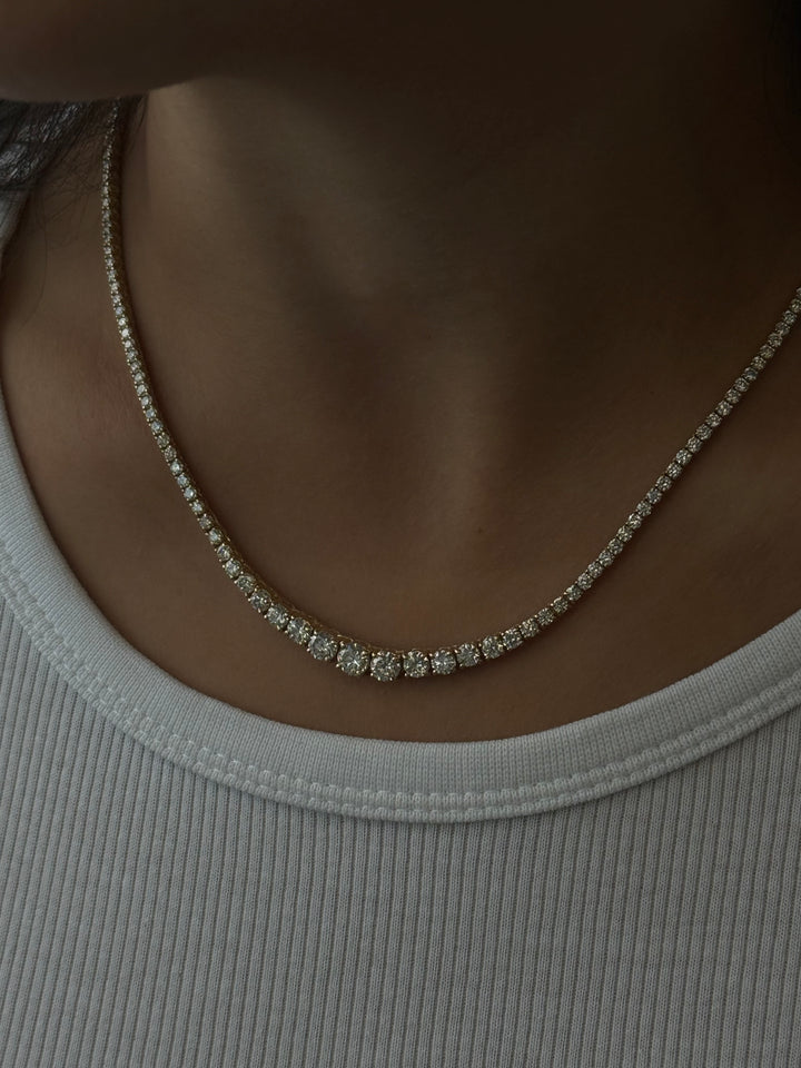 4 Prong Graduated Natural Diamond Tennis Necklace 18K Yellow Gold 6
