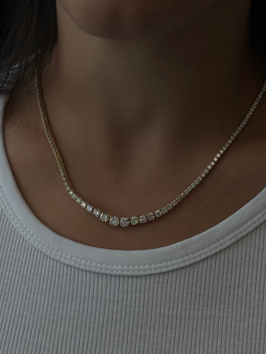 4 Prong Graduated Natural Diamond Tennis Necklace 18K Yellow Gold 7