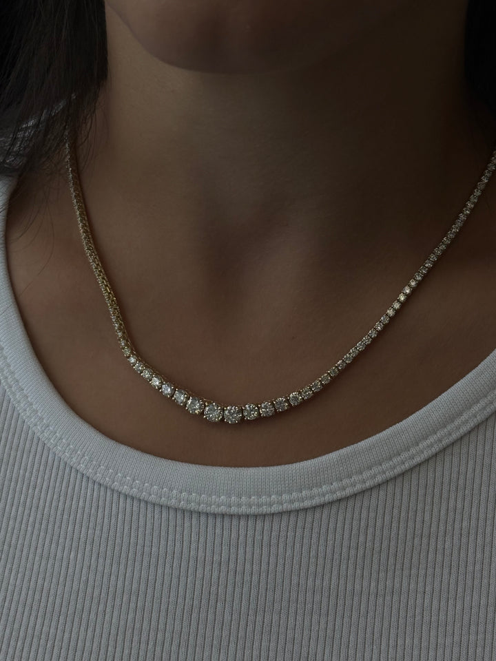 4 Prong Graduated Natural Diamond Tennis Necklace 18K Yellow Gold 7