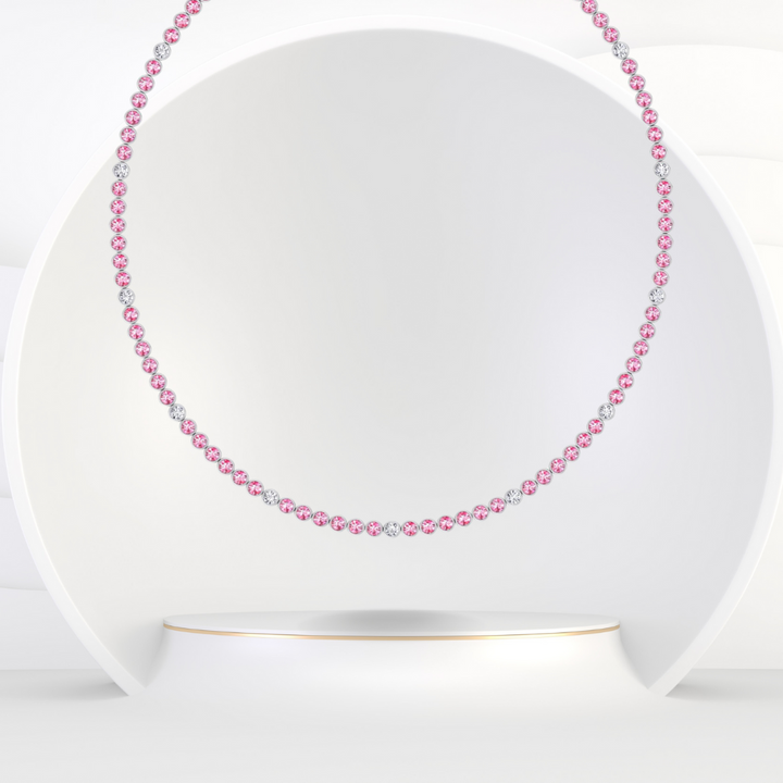 Bezel Set Natural Pink Sapphire Tennis Necklace with Diamonds
