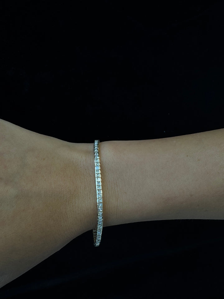 Princess Cut Natural Diamond Tennis Bracelet 14K Gold, Model Wrist Dark BG