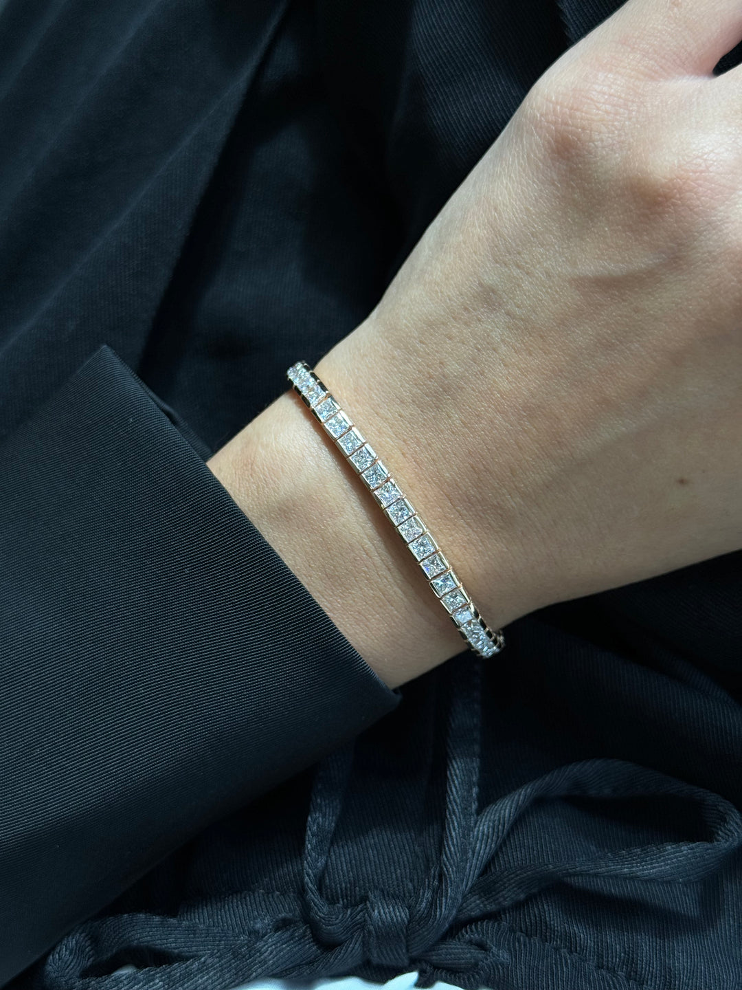 Princess Cut Natural Diamond Tennis Bracelet 18K Solid Gold on Hand
