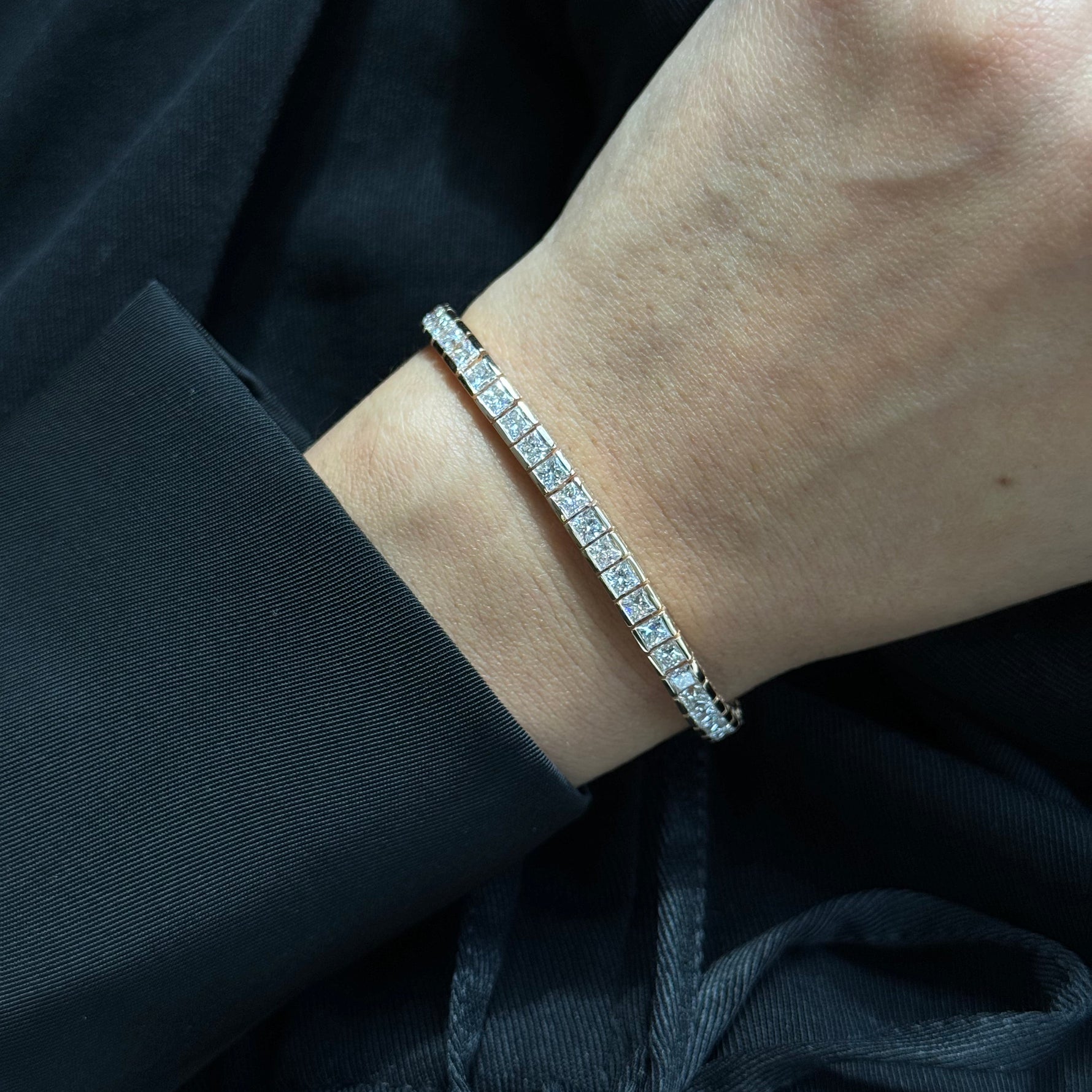 Princess Cut Natural Diamond Tennis Bracelet 18K Solid Gold on Hand