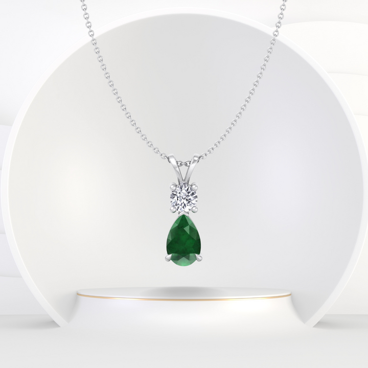 Natural Pear Shape Green Emerald & Round Shape Diamond Teardrop Pendant Necklace