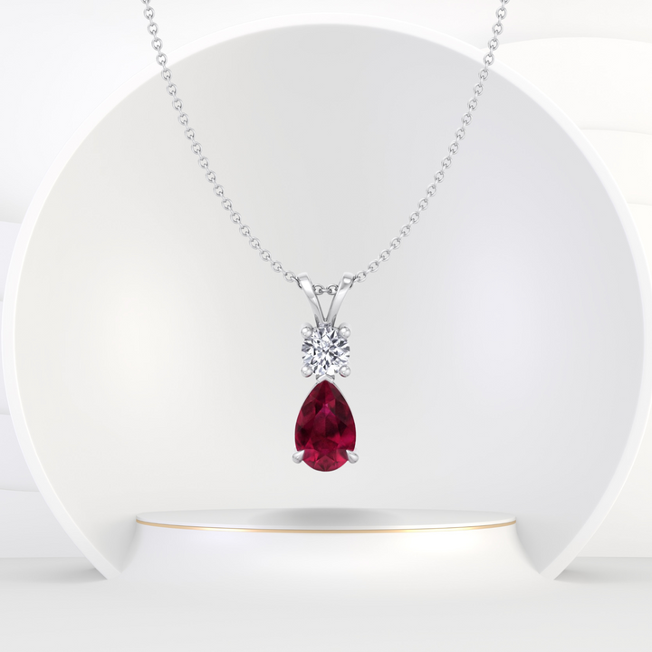 Natural Pear Shape Red Ruby & Round Shape Diamond Teardrop Pendant Necklace