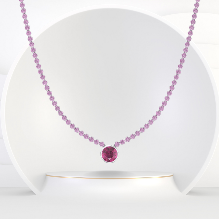 9.5CT T.W Round Cut Crown Prong Natural Pink Sapphire Tennis Necklace with Round Bezel Pendant