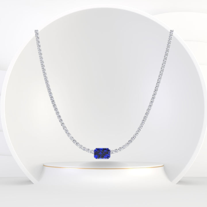 Zaffiro - (12CT T.W.) Single Stone Blue Sapphire Diamond Tennis Necklace