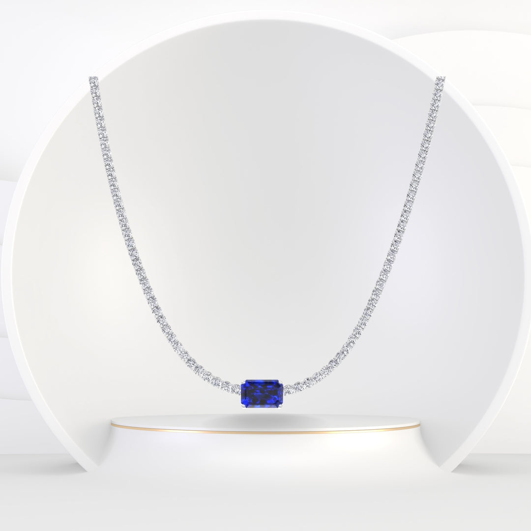 Zaffiro - (12CT T.W.) Single Stone Blue Sapphire Diamond Tennis Necklace - Gem Jewelers Co