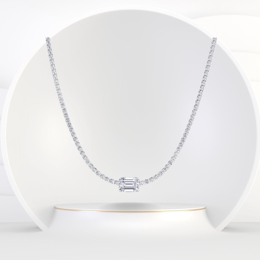 Nala - (10.75CT T.W) Classic Diamond Tennis Necklace With Emerald Cut Diamond Center Stone