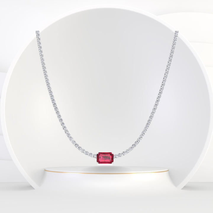 Rubino - (12CT T.W.) Single Stone Red Ruby Diamond Tennis Necklace