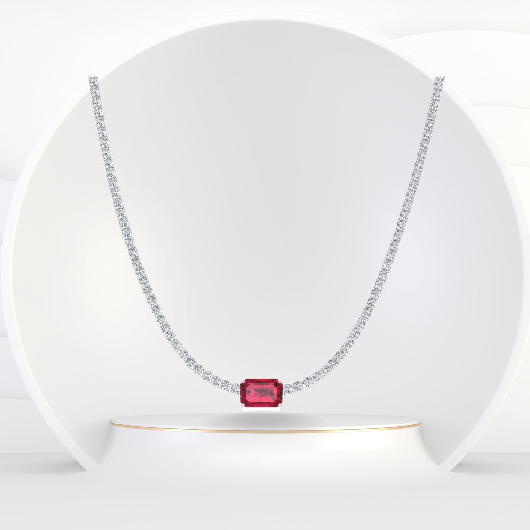 Rubino - (12CT T.W.) Single Stone Red Ruby Diamond Tennis Necklace - Gem Jewelers Co