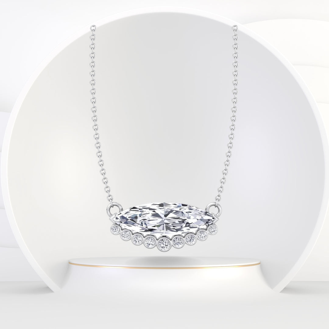 Amora - Marquise Shape Diamond Pendant with Bezel Set Round Diamonds