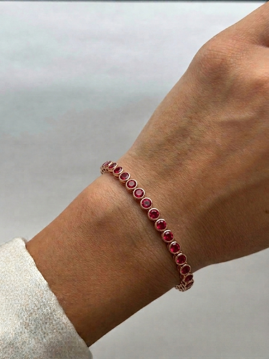 Bezel Set Natural Red Ruby Tennis Bracelet 14K Solid Gold