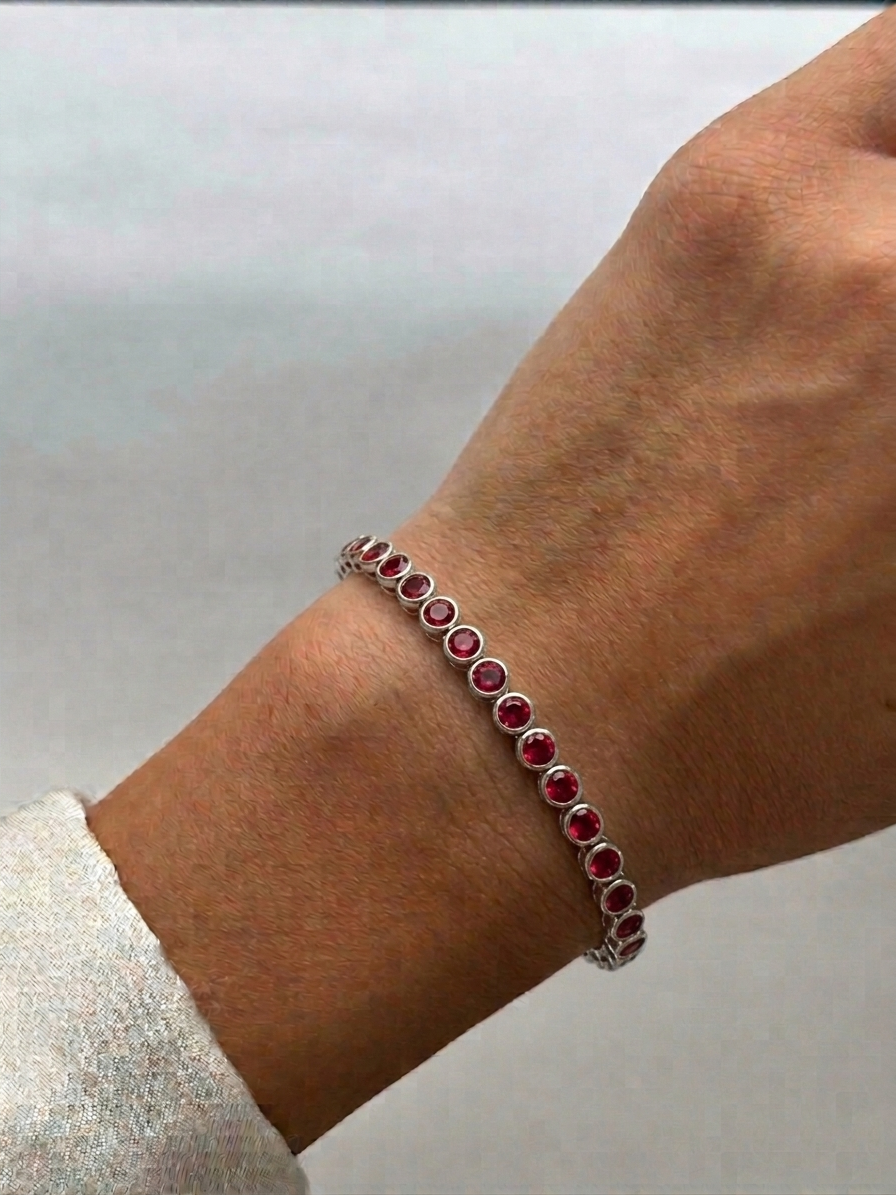 Bezel Set Natural Red Ruby Tennis Bracelet 14K Solid Gold