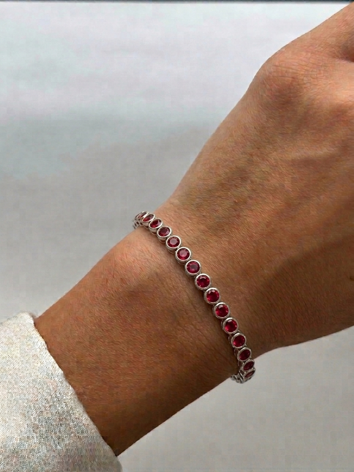 Bezel Set Natural Red Ruby Tennis Bracelet 14K Solid Gold