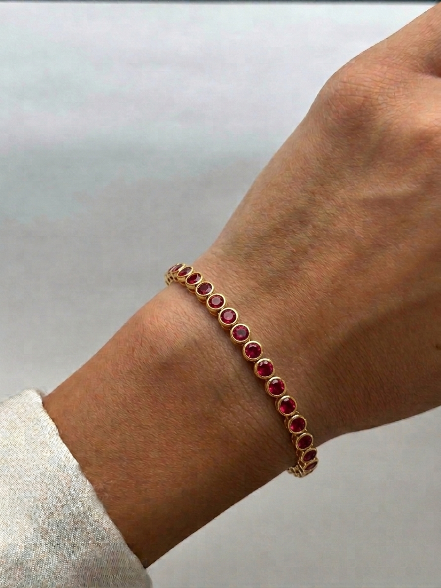 Bezel Set Natural Red Ruby Tennis Bracelet 14K Solid Gold
