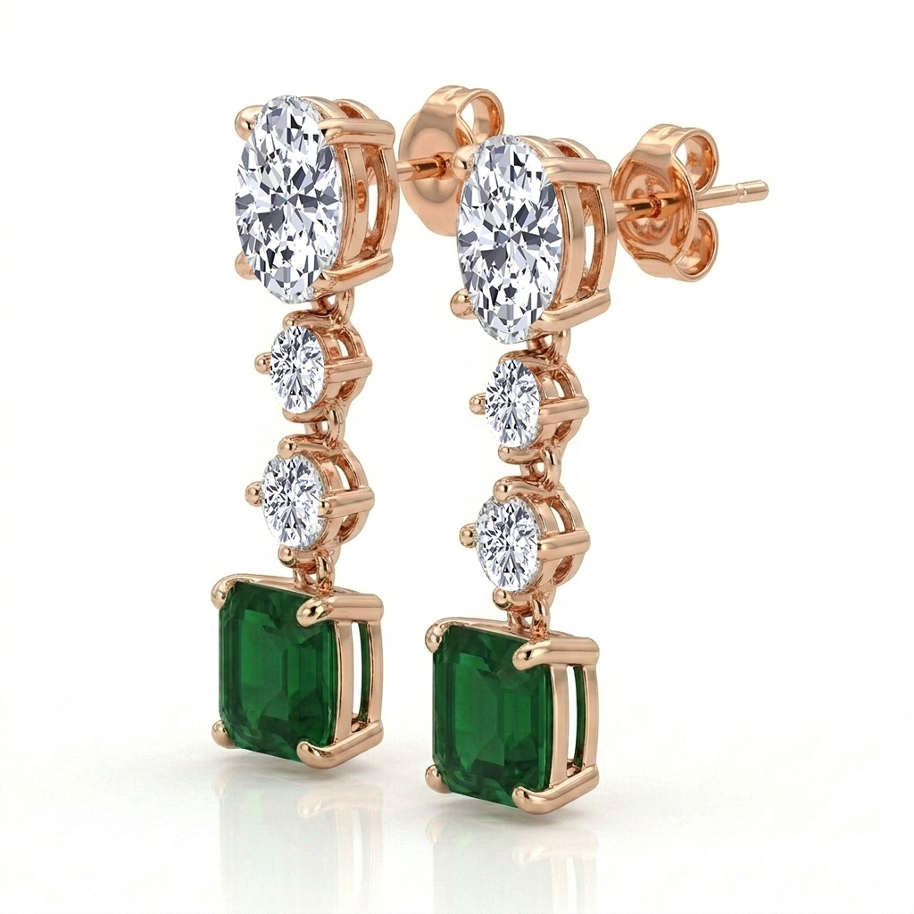 Green Emerald Cushion Cut and Oval & Round Shape Natural Diamond Drop Earrings RG 3