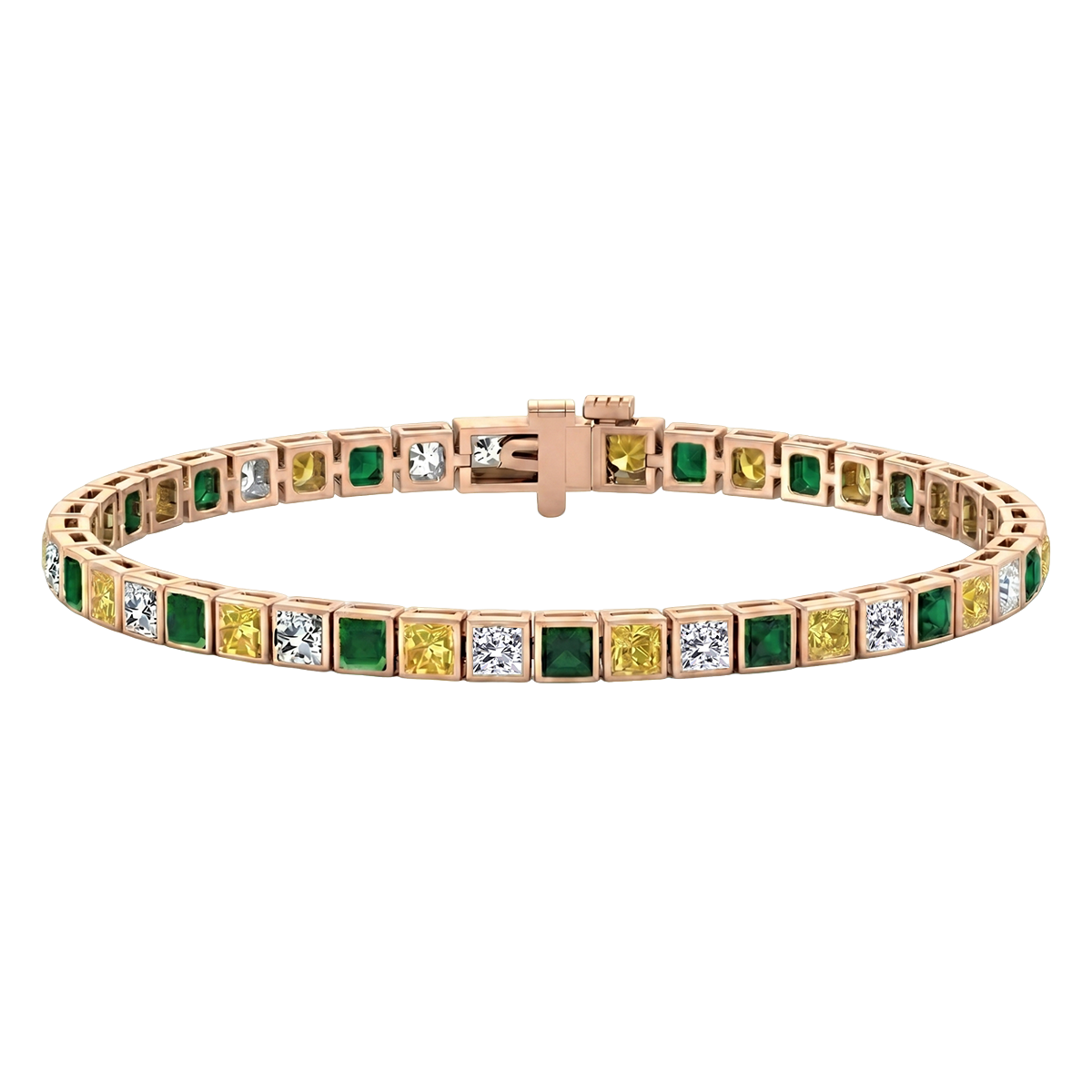 Bezel Set Princess Cut Natural Diamond, Green Emerald & Fancy Yellow Diamond Tennis RG