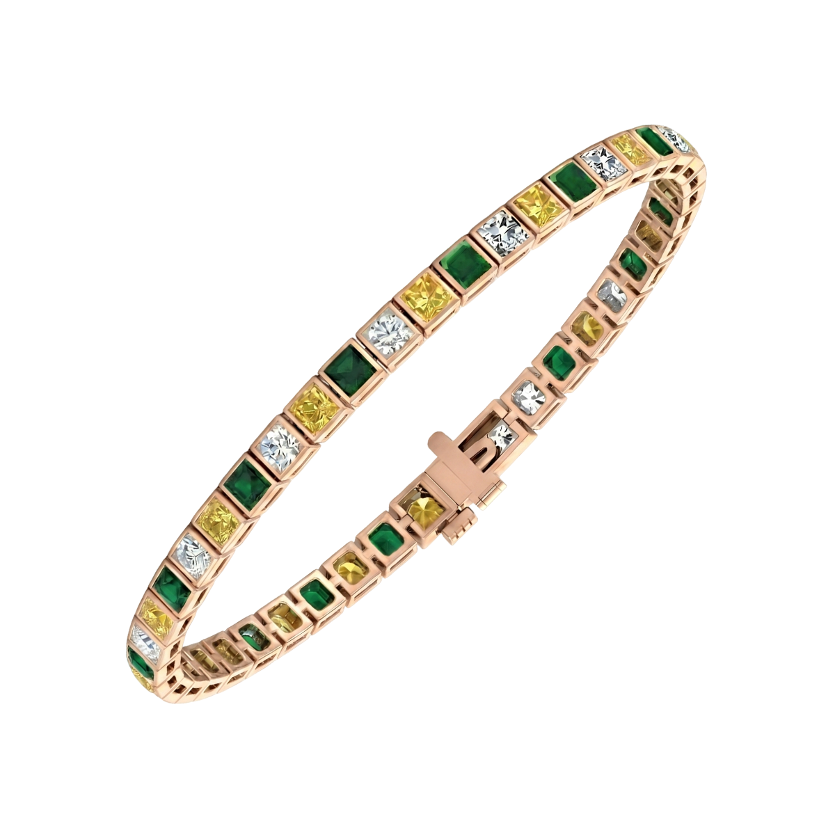 Bezel Set Princess Cut Natural Diamond, Green Emerald & Fancy Yellow Diamond Tennis RG 2