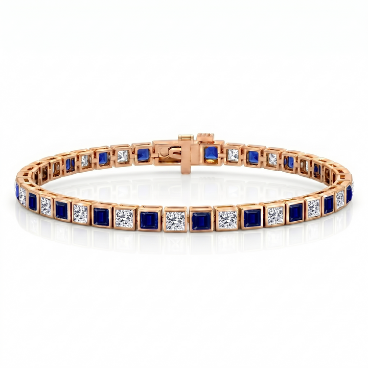 Alternating Princess Cut Blue Sapphire & Natural Diamond Tennis Bracelet RG