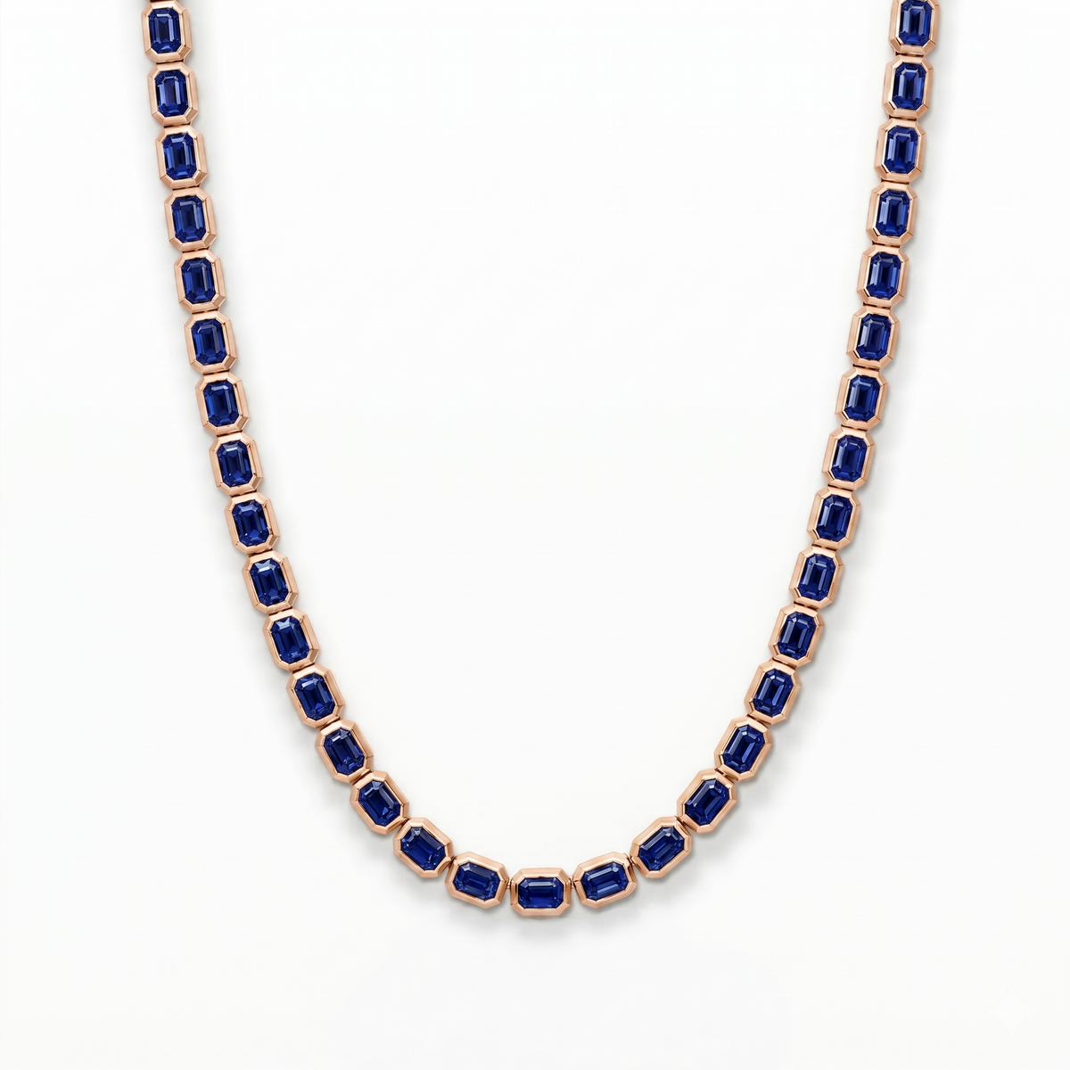 Bezel Set Emerald Shape Natural Blue Sapphire Tennis Necklace RG