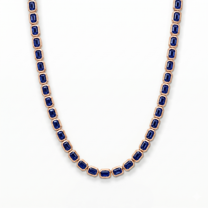 Bezel Set Emerald Shape Natural Blue Sapphire Tennis Necklace RG