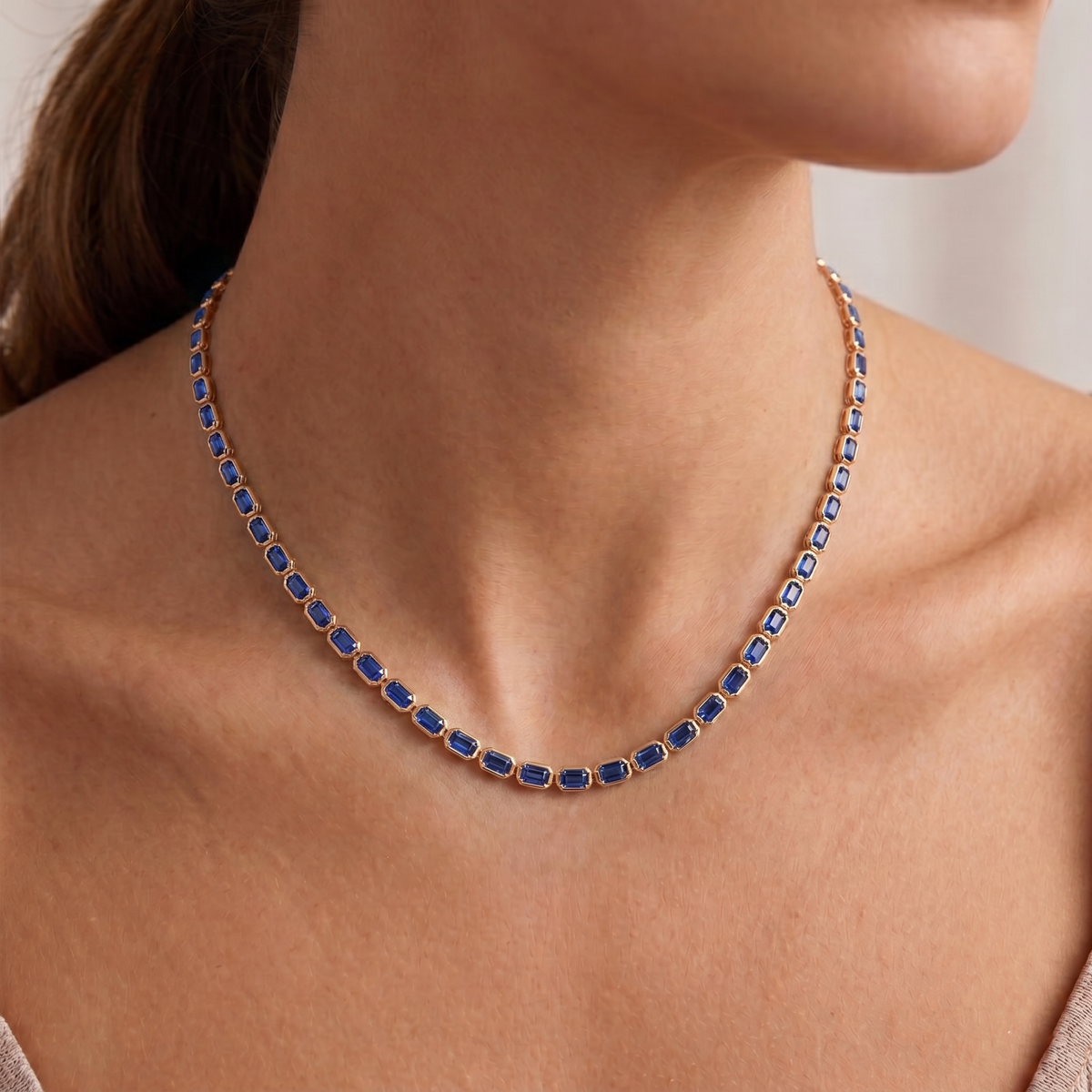 Bezel Set Emerald Shape Natural Blue Sapphire Tennis Necklace lifestyle RG