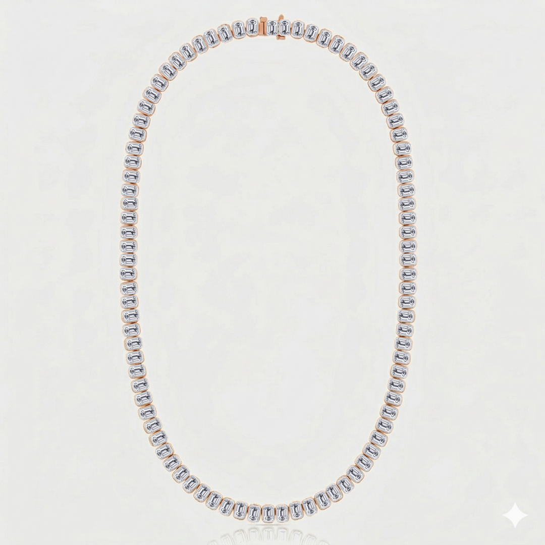Bezel Set Emerald Shape Natural Diamond Tennis Necklace RG2
