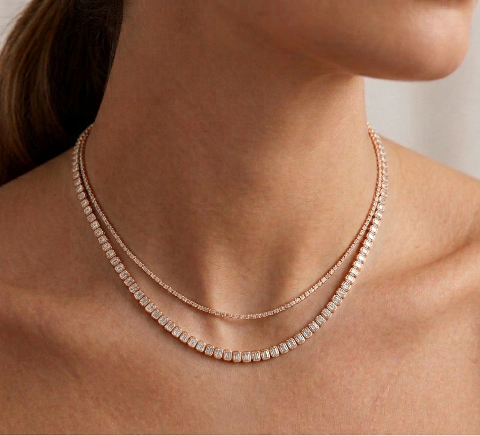 Bezel Set Emerald Shape Natural Diamond Tennis Necklace lifestyle RG