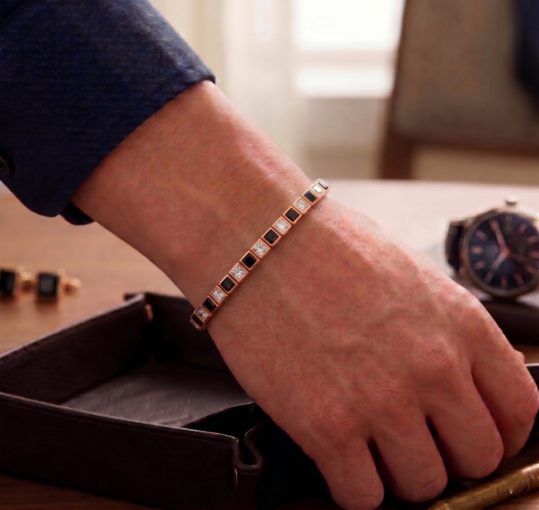 Bezel Set  Princess Cut Natural Black & Natural Diamond Bracelet Lifestyle  RG