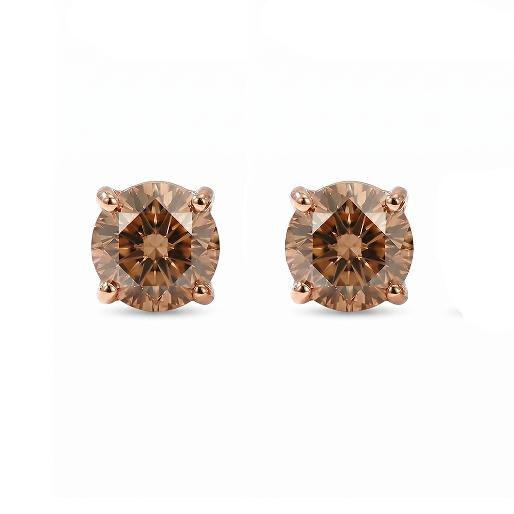 Natural Chocolate Champagne Diamond Round Studs Rose Gold 18K