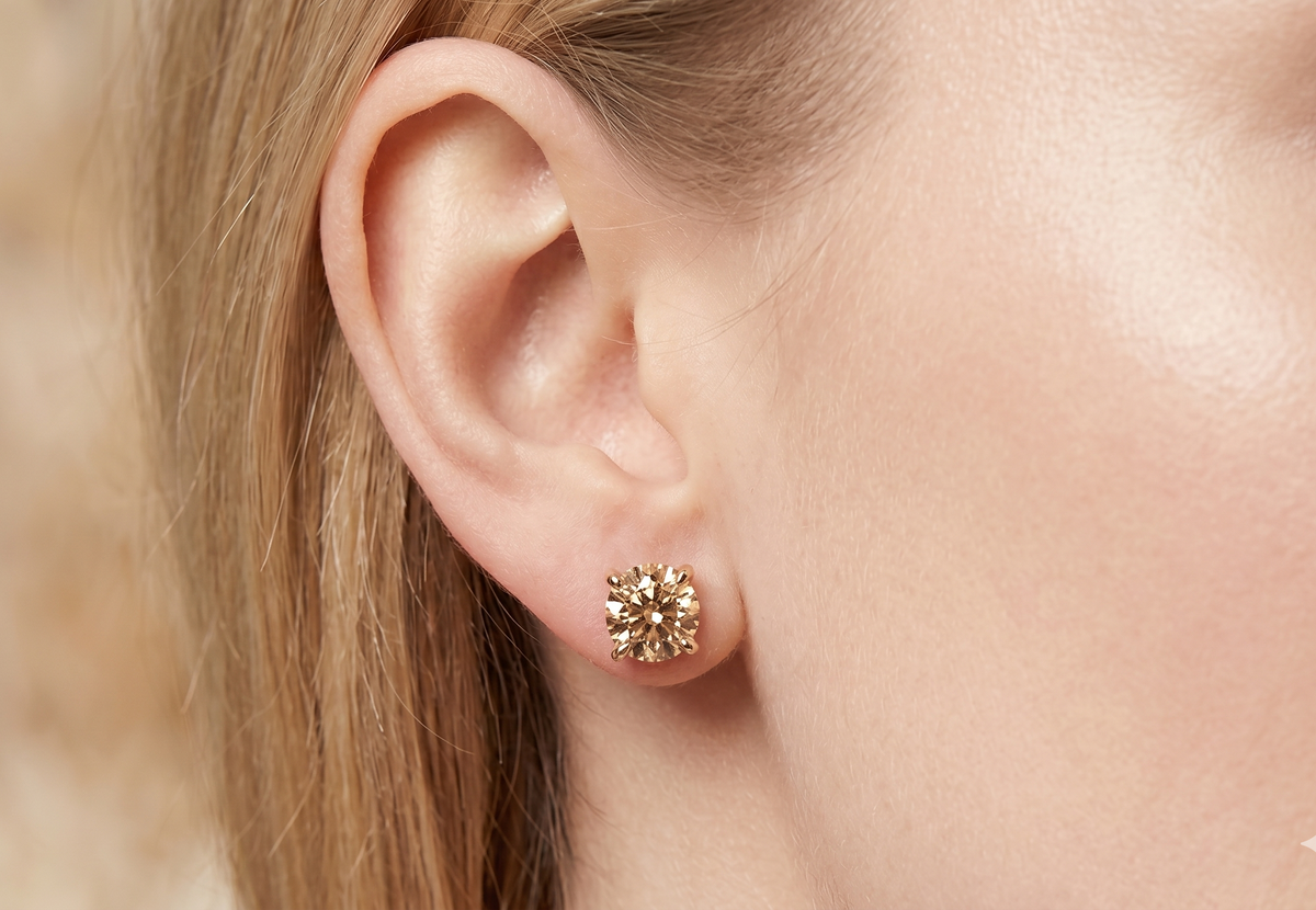 Natural Chocolate Champagne Diamond Round Studs Rose