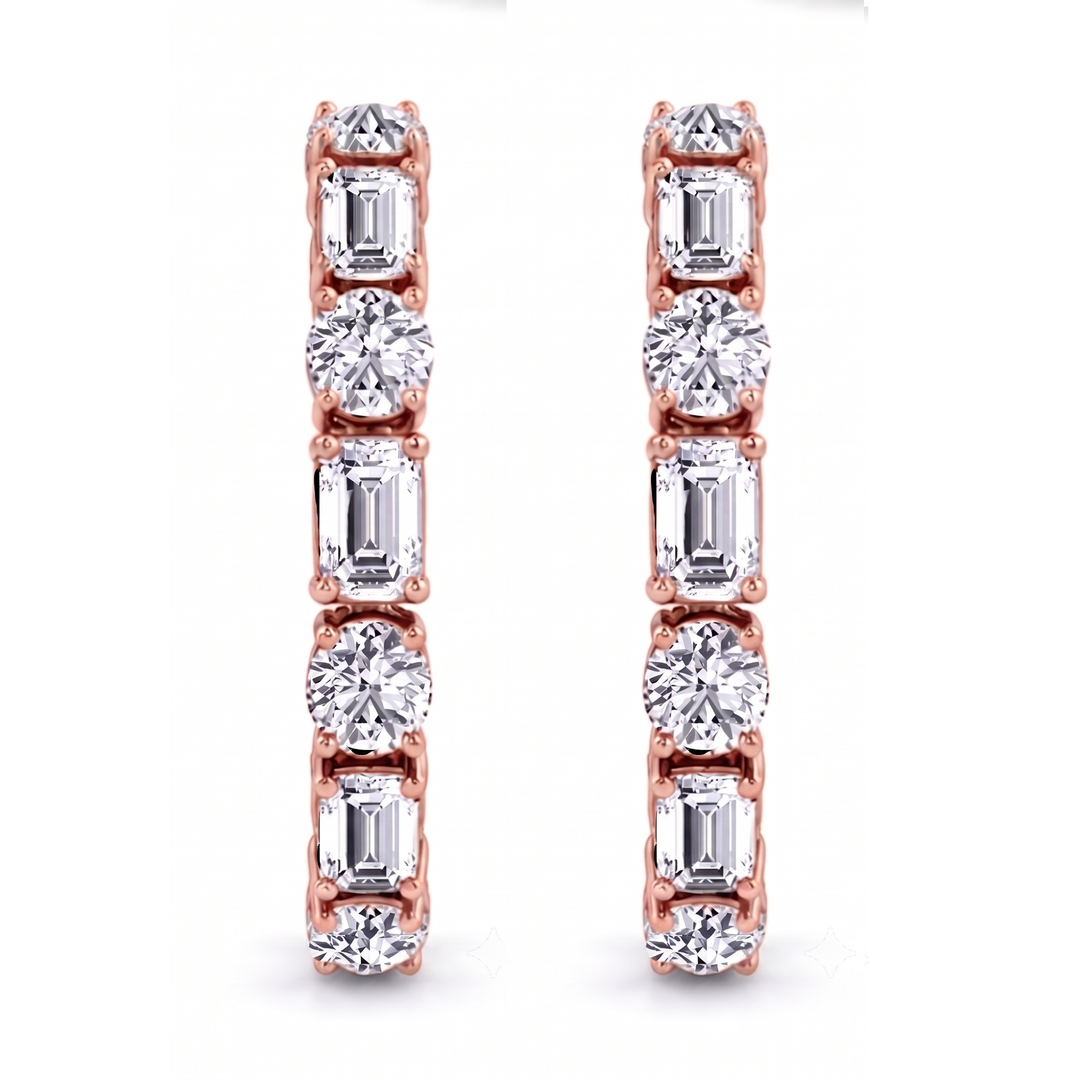 Alternating Emerald Cut and Round Natural Diamond Hoop Earrings RG 2