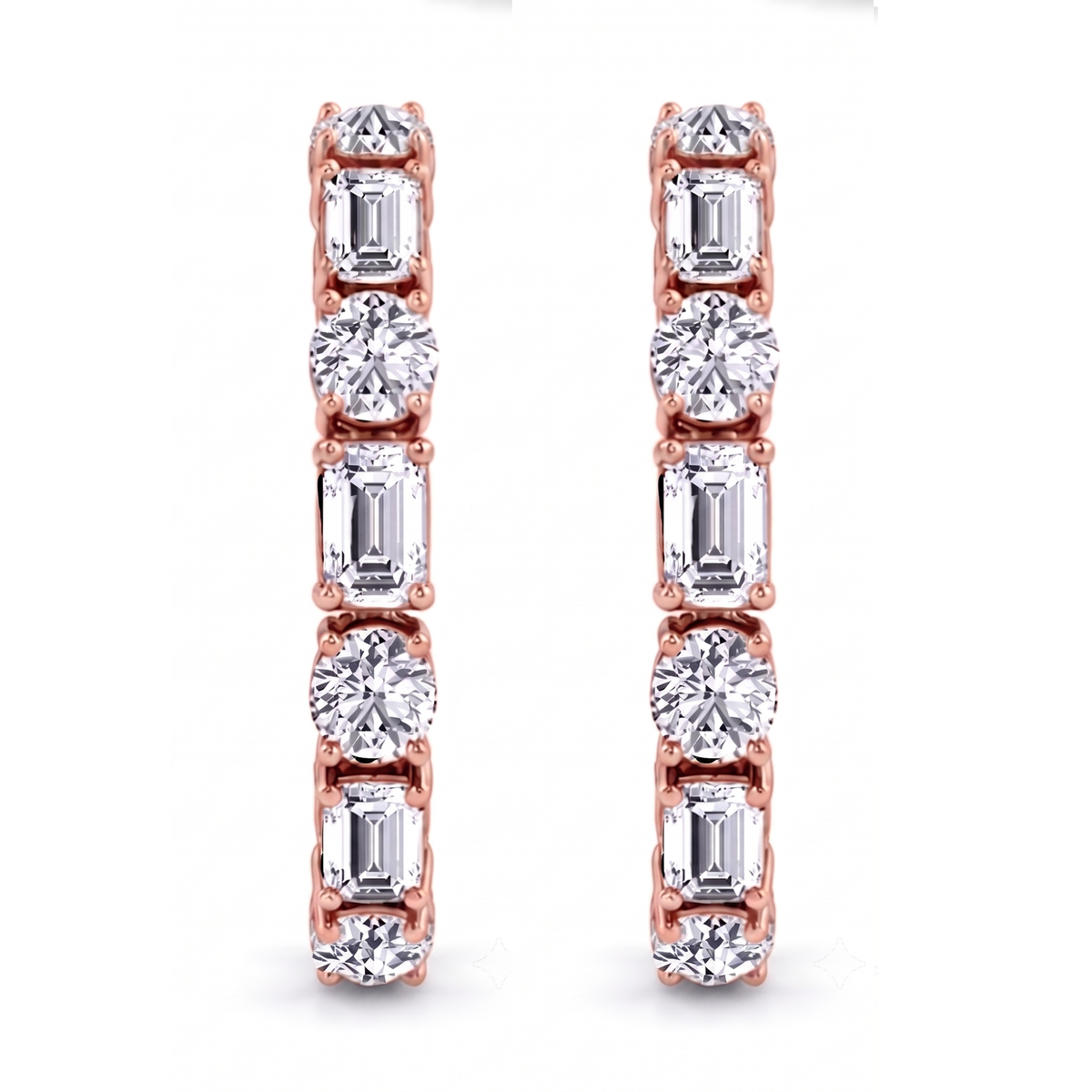 Alternating Emerald Cut and Round Natural Diamond Hoop Earrings RG 2