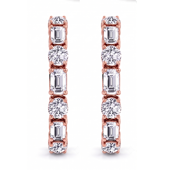 Alternating Emerald Cut and Round Natural Diamond Hoop Earrings RG 2